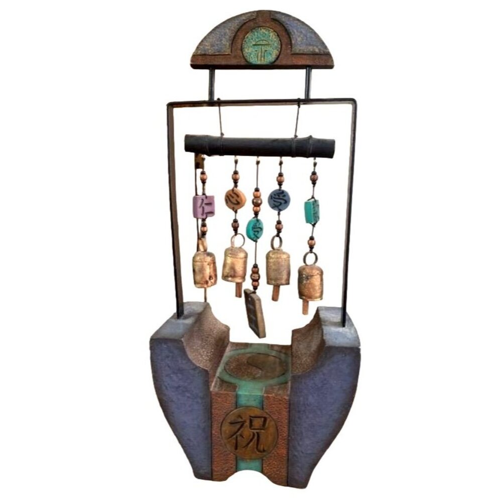 Feng Shui Tabletop Handcrafted Concrete & Metal Wind Chime With Rustic Bells & B